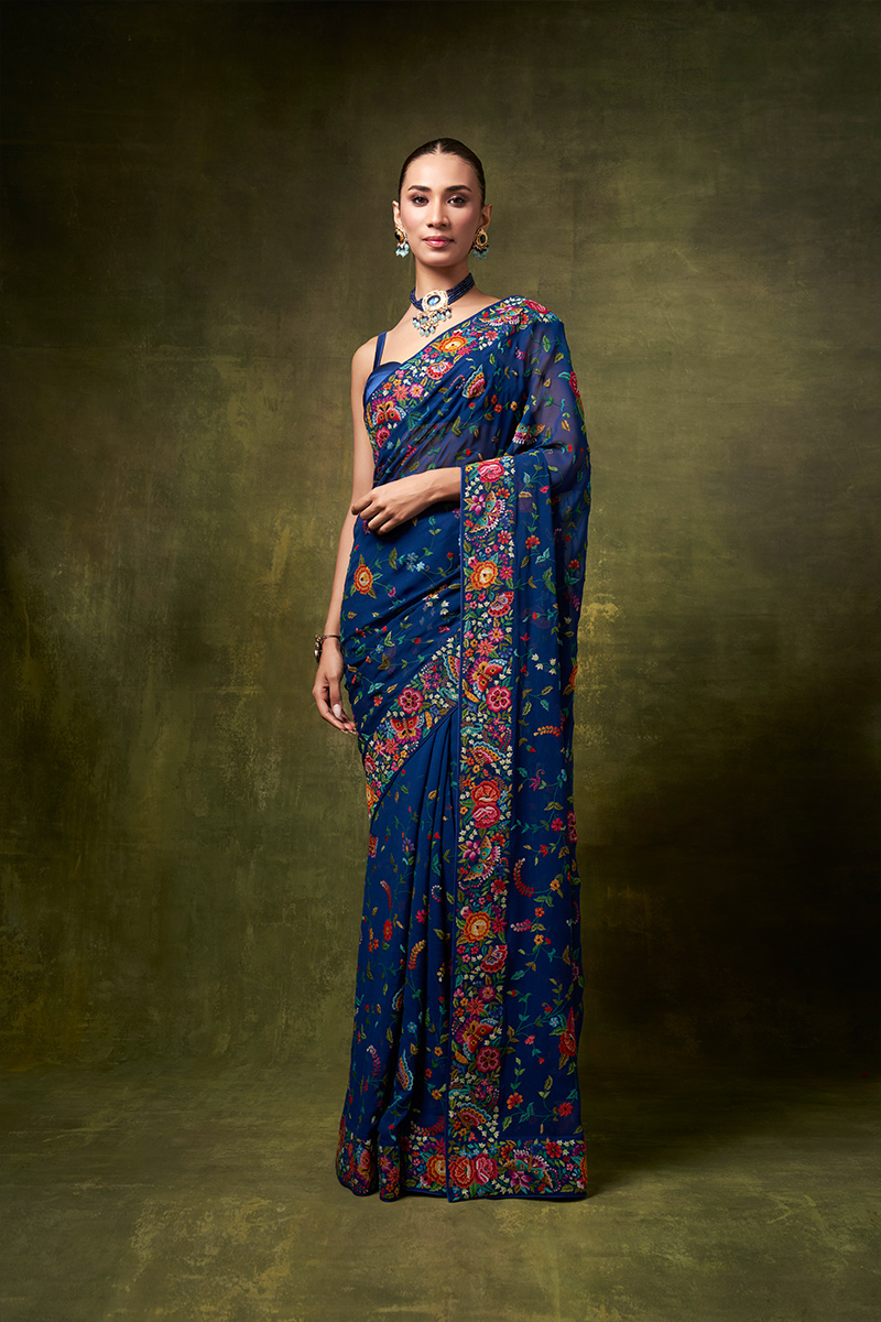 Royal Blue Parsi Gara Saree